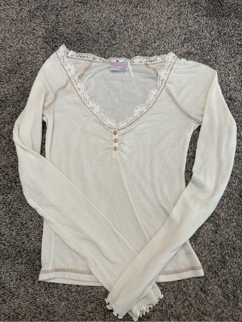 Urban Outfitters Cream Ribbed Lace-Trim V-Neck Long Sleeve Top